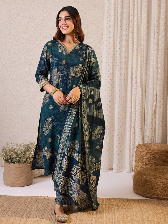 Blue Printed Chanderi Silk Straight Suit Sets With Dupatta
