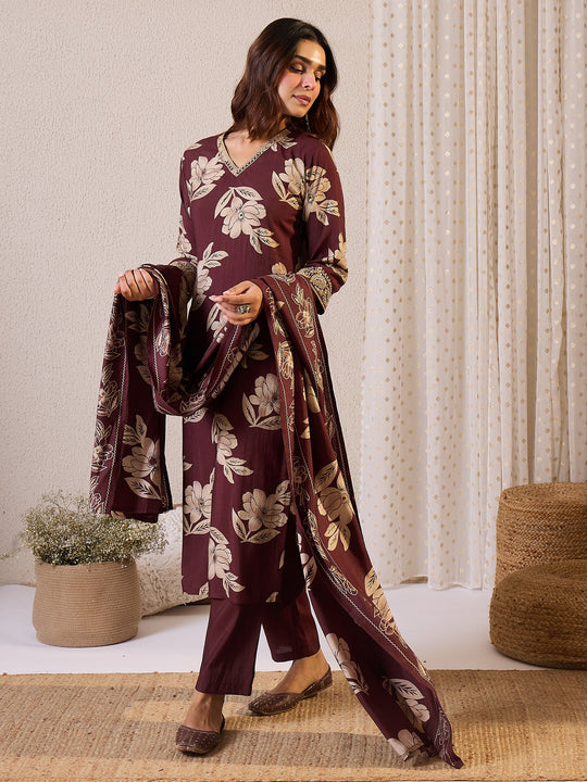 Burgundy Printed Chanderi Silk Straight Suit Sets With Dupatta