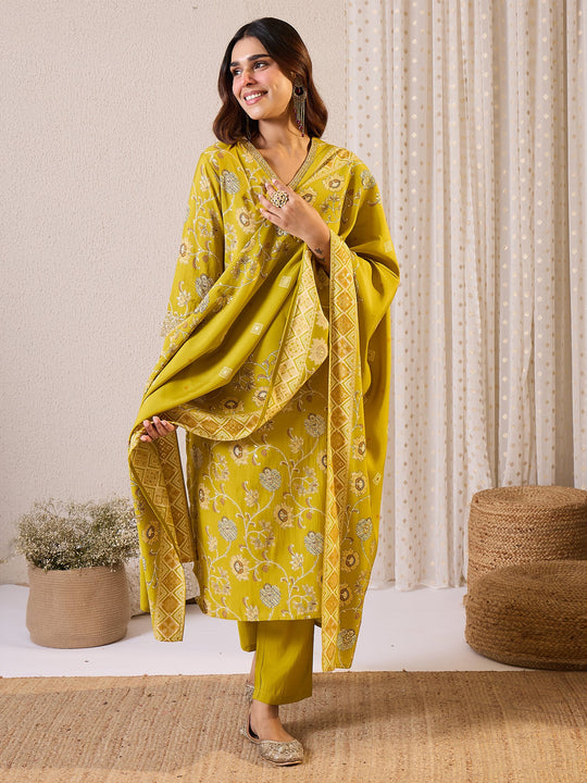 Olive Printed Chanderi Silk Straight Suit Sets With Dupatta