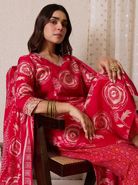 Pink Printed Chanderi Silk Straight Suit Sets With Dupatta