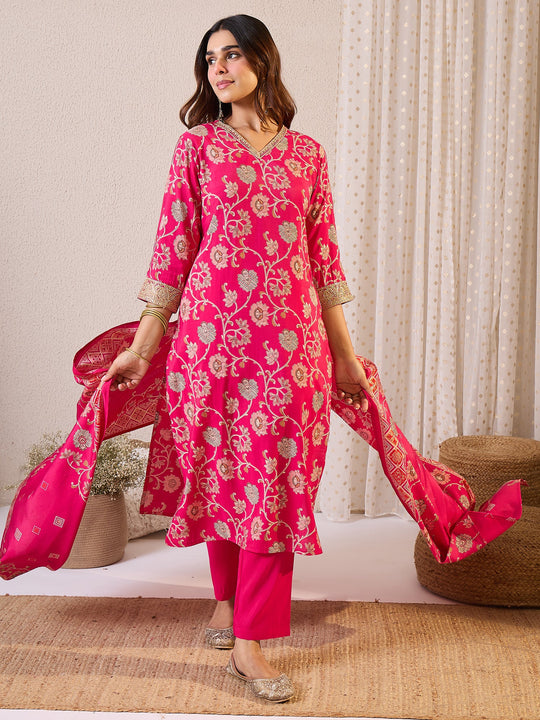 Pink Printed Chanderi Silk Straight Suit Sets With Dupatta