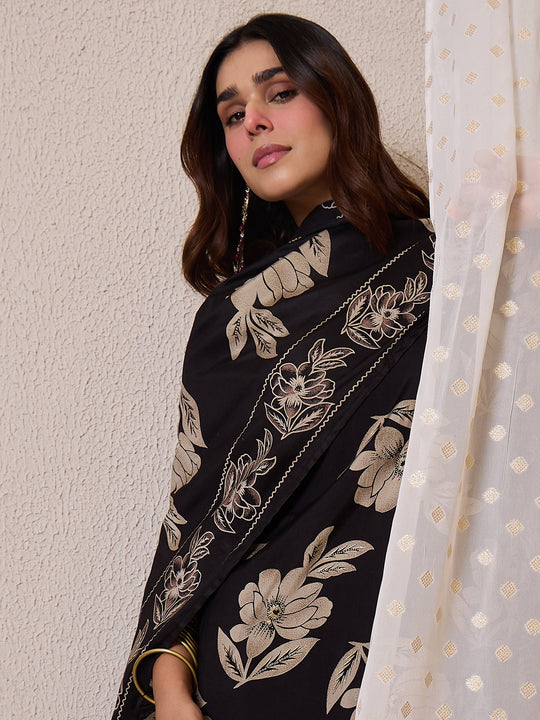 Black Printed Chanderi Silk Straight Suit Sets With Dupatta