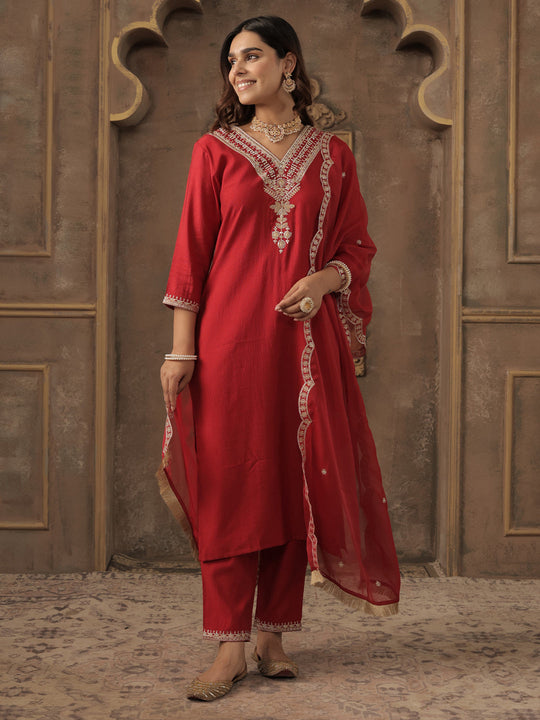 Red Embroidered Liva Straight Kurta Sets With Dupatta