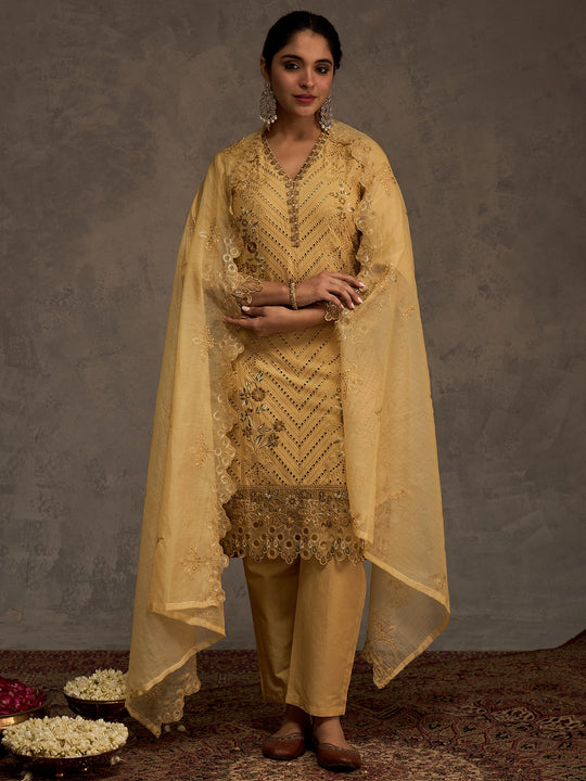 Mustard Embroidered Pure Cotton Straight Suit Sets With Dupatta