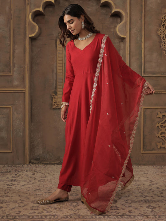Red Solid Liva A-Line Kurta Sets With Dupatta