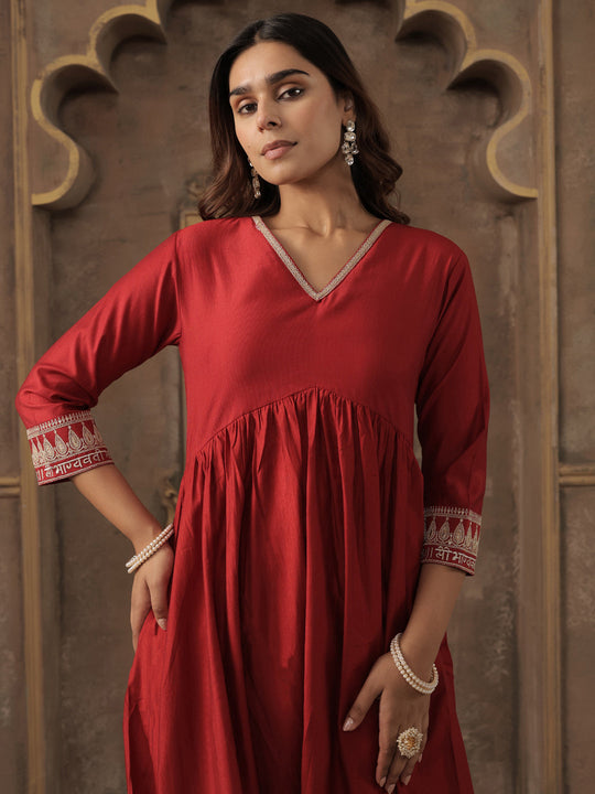 Red Embroidered Liva A-Line Kurta Trouser Set