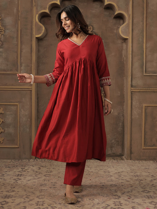 Red Embroidered Liva A-Line Kurta Trouser Set