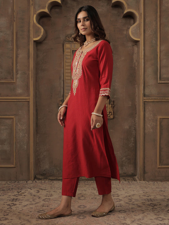 Red Embroidered Liva Straight Kurta Trouser Set