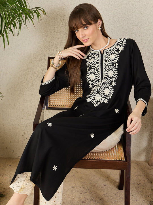 Indo Era Black Embroidered Straight Kurtas