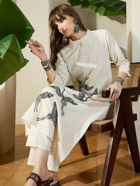 White Embroidered Cotton Blend A-Line Kurta Palazzo Set