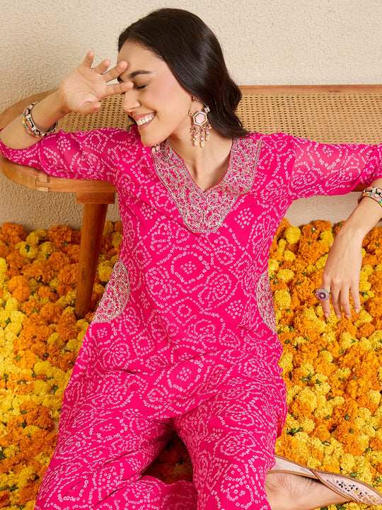 Indo Era Pink Printed A-Line Kurta Trousers Set