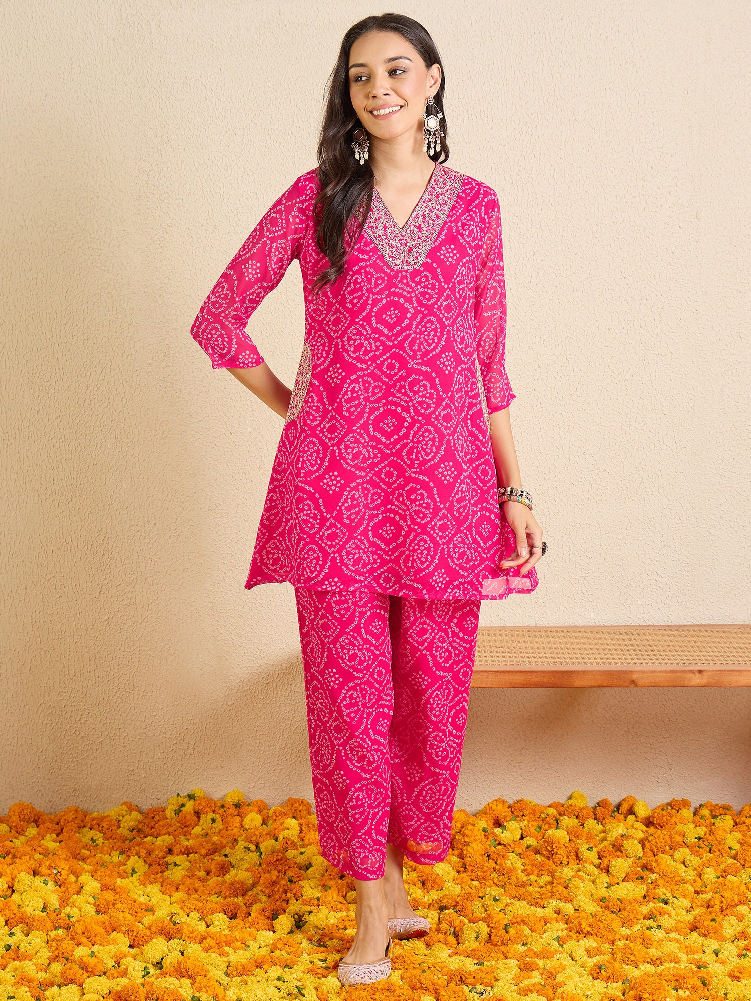 Indo Era Pink Printed A-Line Kurta Trousers Set