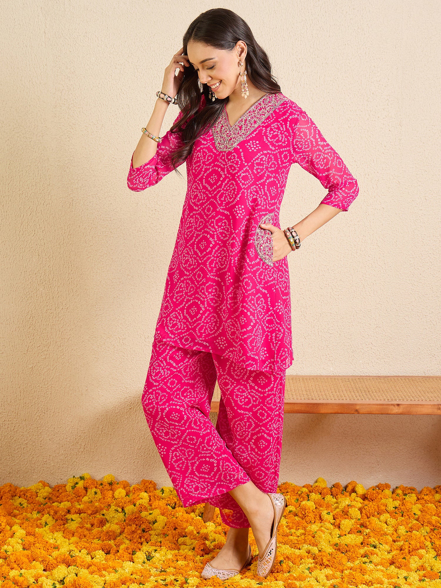Indo Era Pink Printed A-Line Kurta Trousers Set