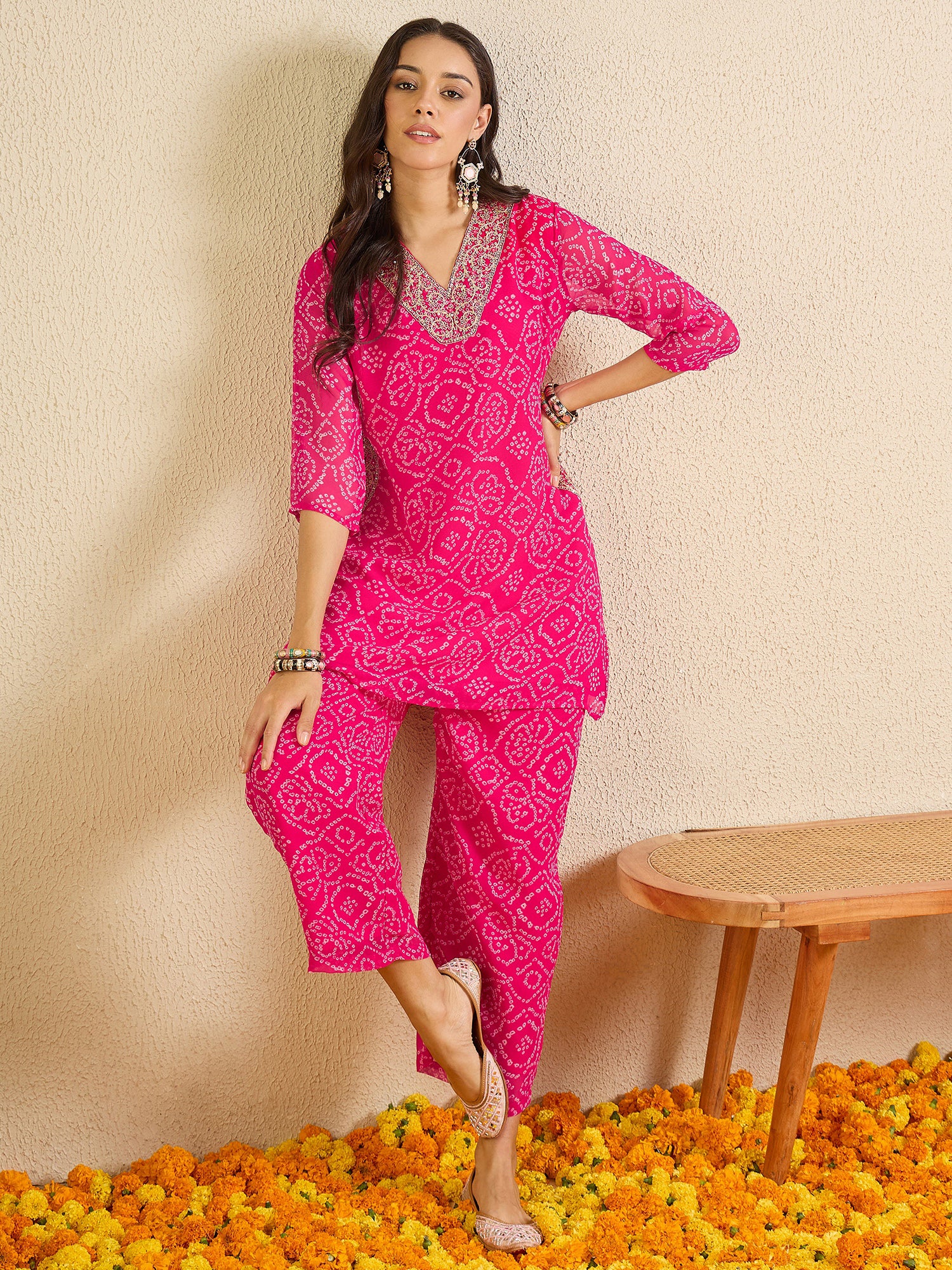 Indo Era Pink Printed A-Line Kurta Trousers Set