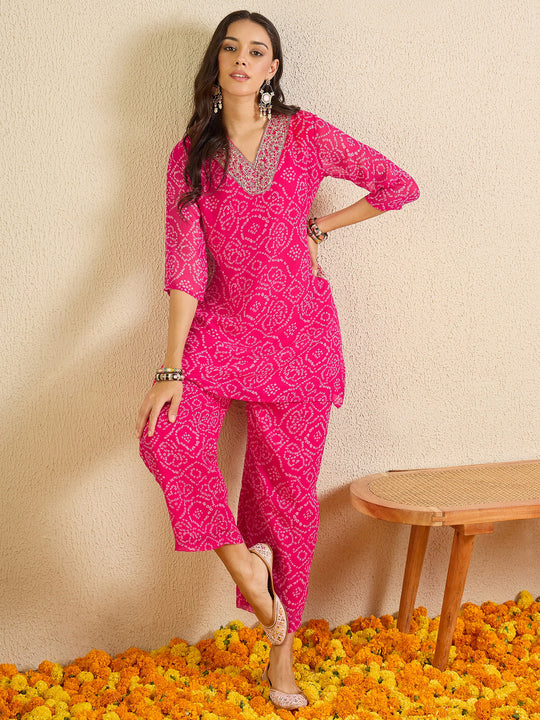 Indo Era Pink Printed A-Line Kurta Trousers Set