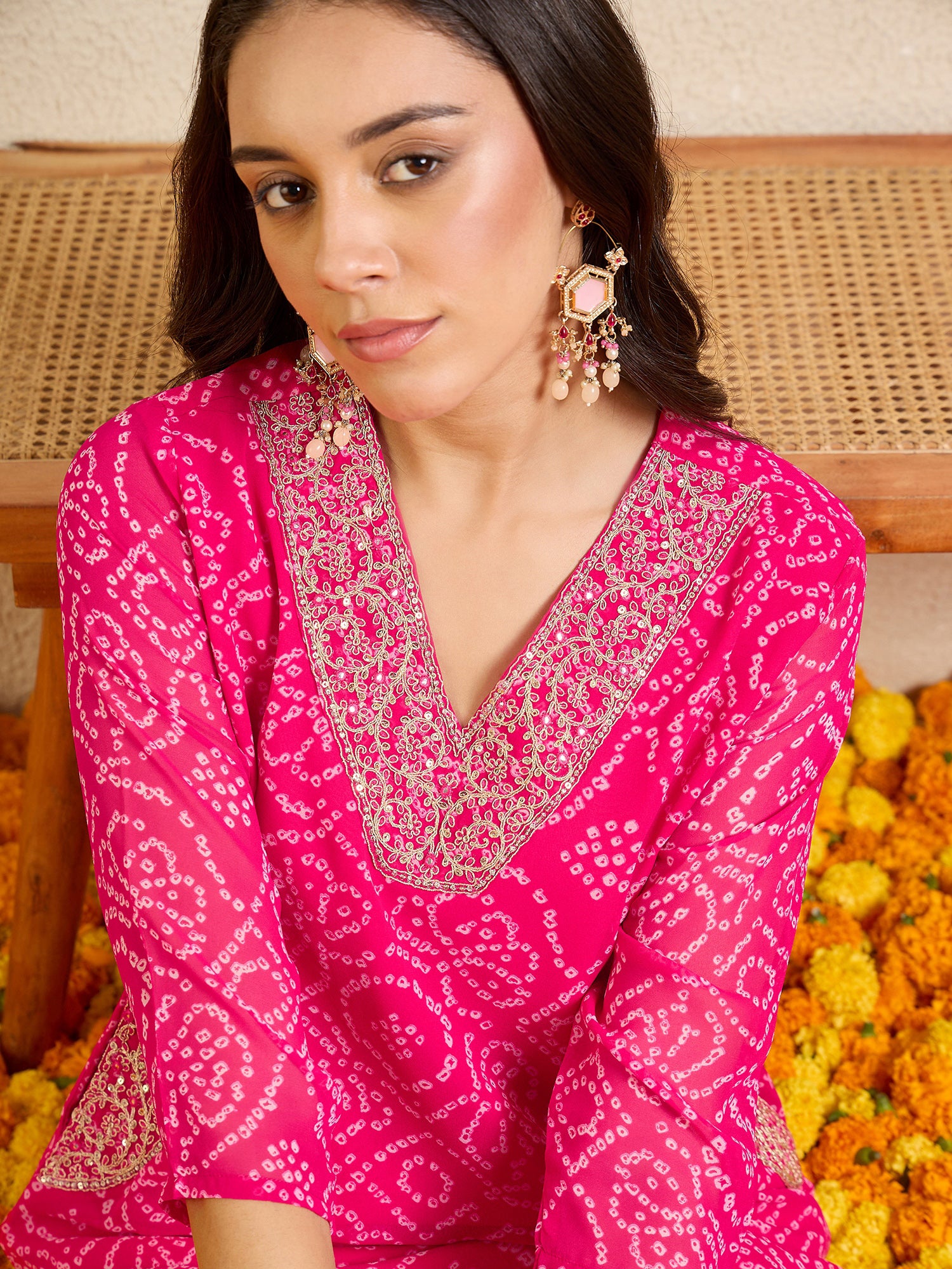 Indo Era Pink Printed A-Line Kurta Trousers Set