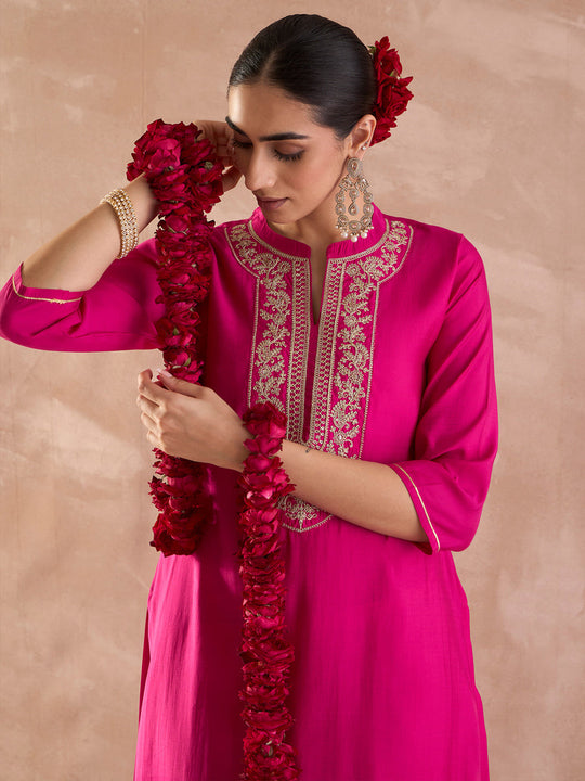 Indo Era Pink Embroidered Straight Kurta