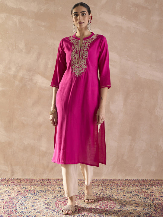 Indo Era Pink Embroidered Straight Kurta