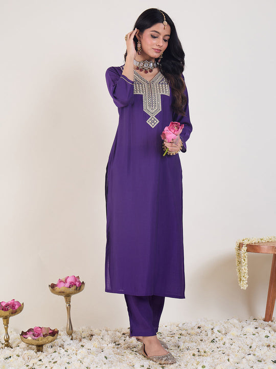 Indo Era Purple Embroidered Straight Kurta Trousers Set
