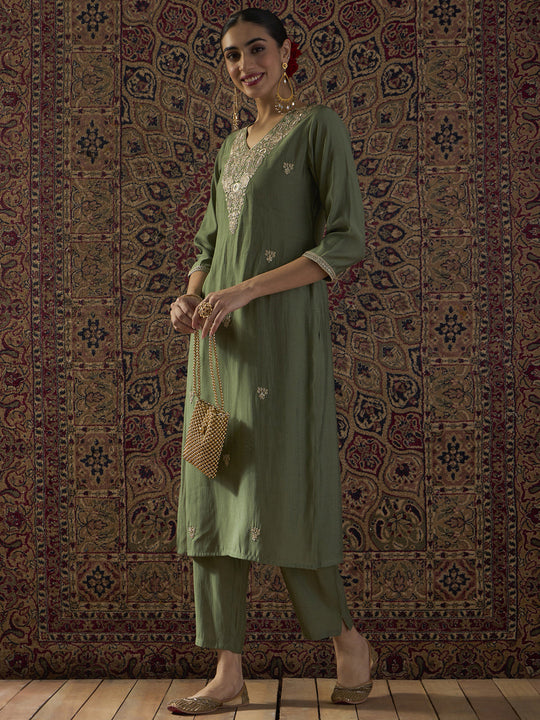 Indo Era Green Embroidered Straight Kurta Trousers Set