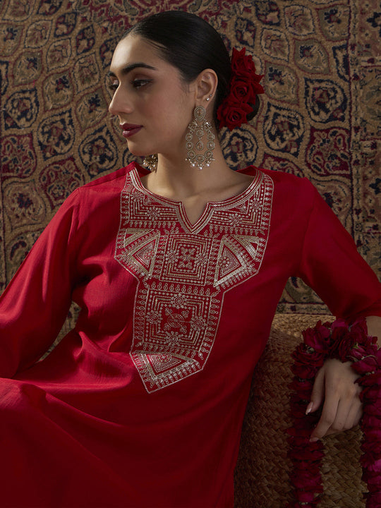 Indo Era Red Embroidered Straight Kurta Trousers Set