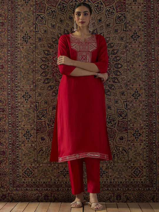 Indo Era Red Embroidered Straight Kurta Trousers Set