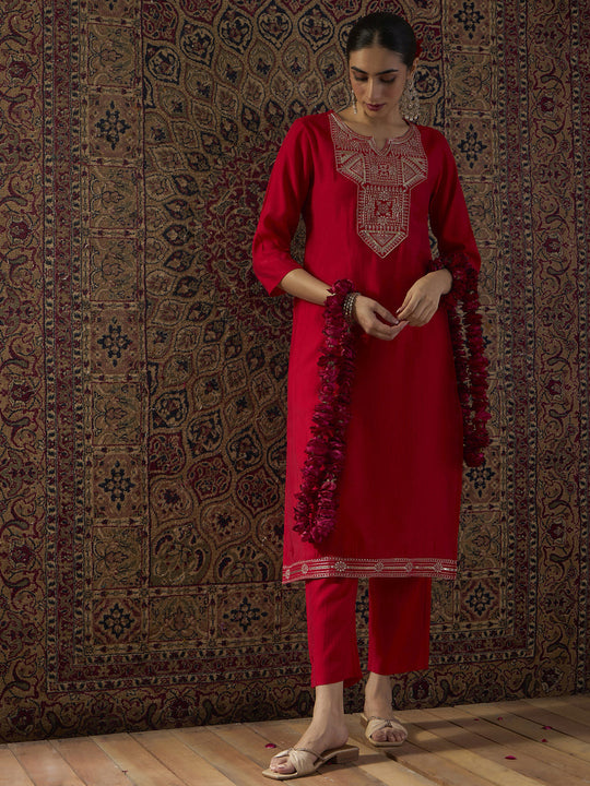 Indo Era Red Embroidered Straight Kurta Trousers Set