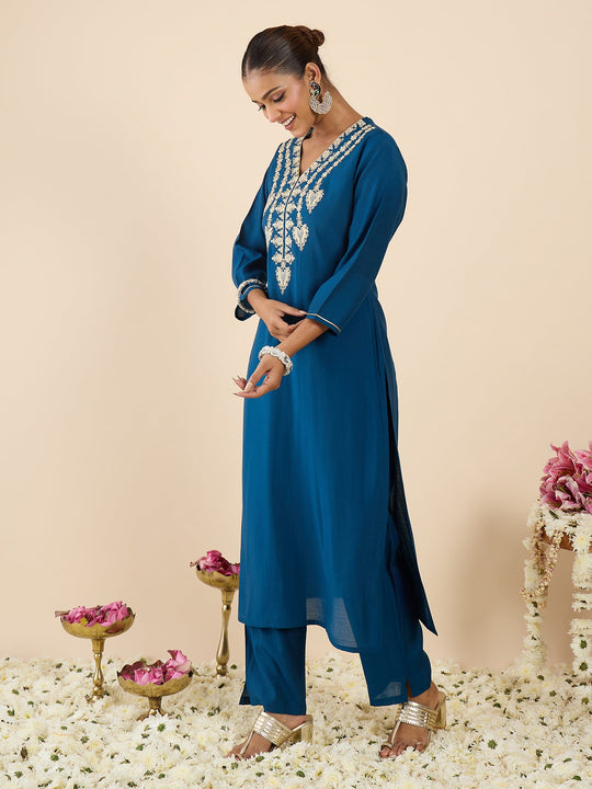 Indo Era Teal Embroidered Straight Kurta Trousers Set