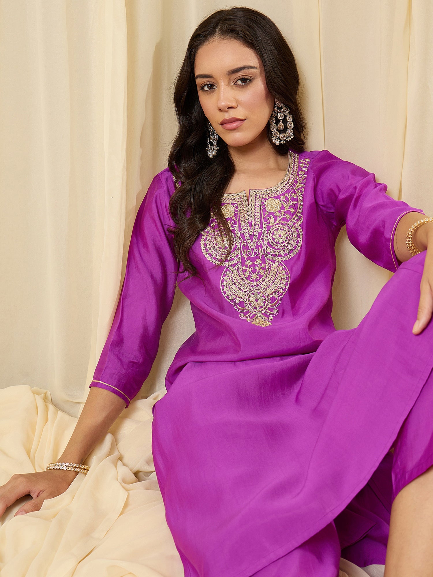 Indo Era Purple Embroidered Straight Kurta Trousers Set