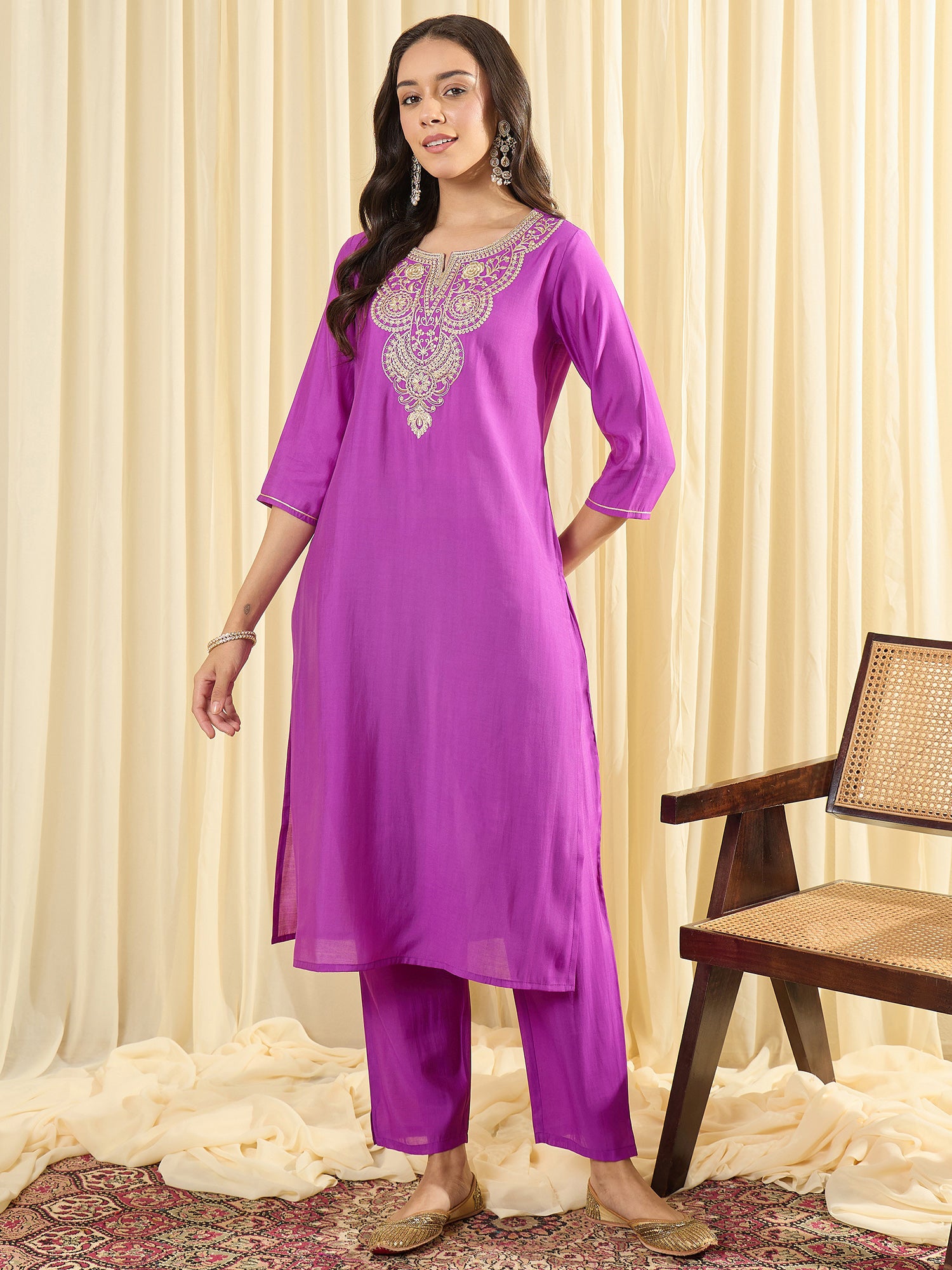 Indo Era Purple Embroidered Straight Kurta Trousers Set