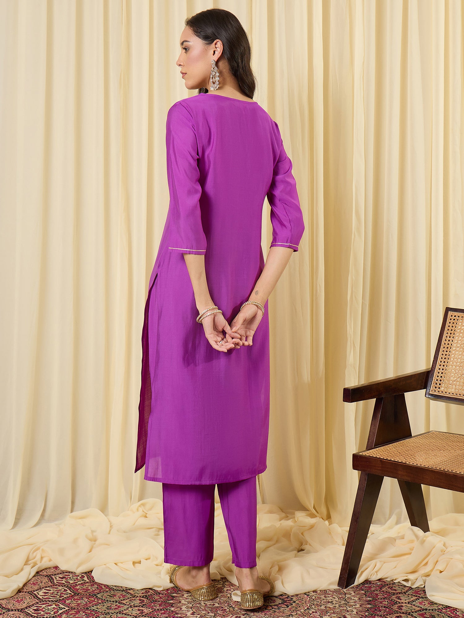 Indo Era Purple Embroidered Straight Kurta Trousers Set