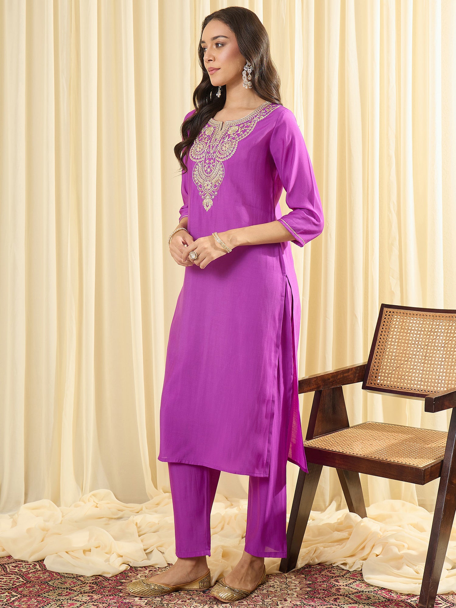 Indo Era Purple Embroidered Straight Kurta Trousers Set
