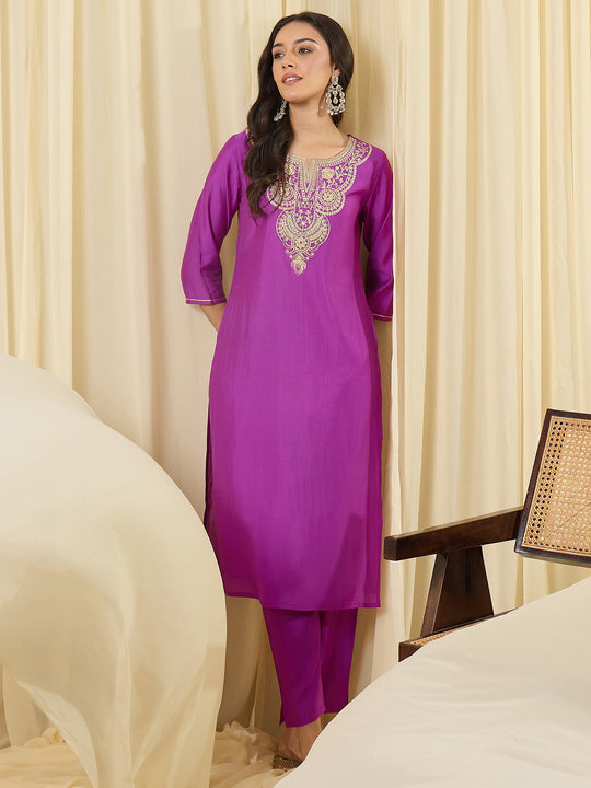 Indo Era Purple Embroidered Straight Kurta Trousers Set