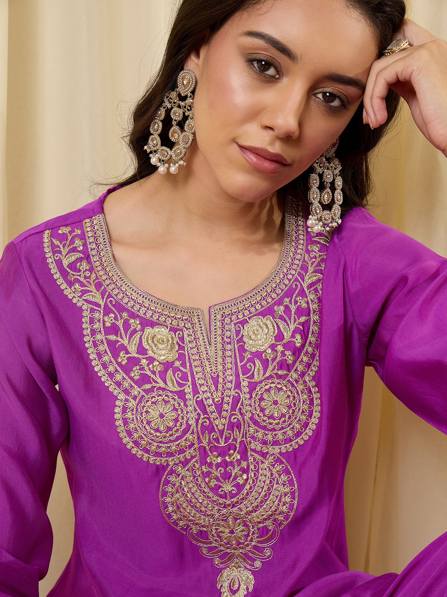 Indo Era Purple Embroidered Straight Kurta Trousers Set