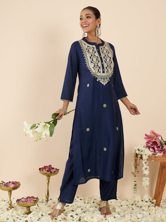 Indo Era Navy Blue Embroidered Straight Kurta Trousers Set