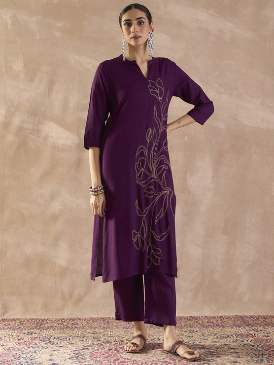 Indo Era Purple Embroidered Straight Kurta Trousers Set