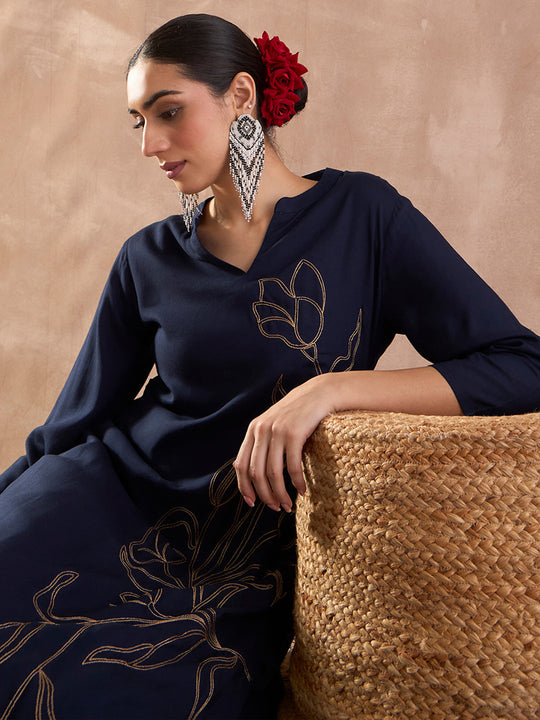 Indo Era Blue Embroidered Straight Kurta Trousers Set