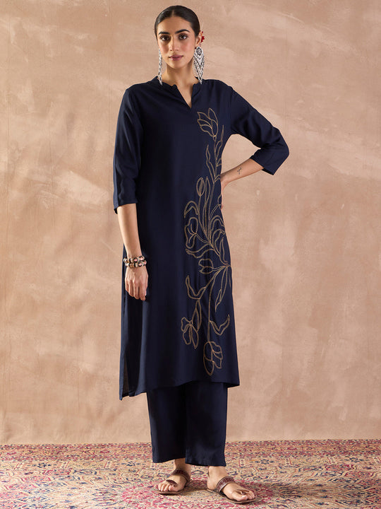 Indo Era Blue Embroidered Straight Kurta Trousers Set