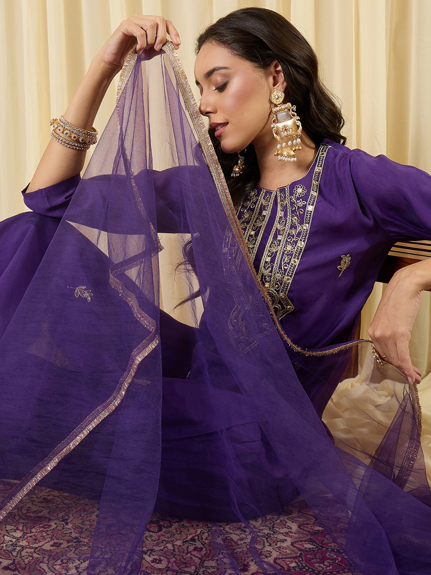 Indo Era Purple Embroidered Straight Kurta Trousers With Dupatta set