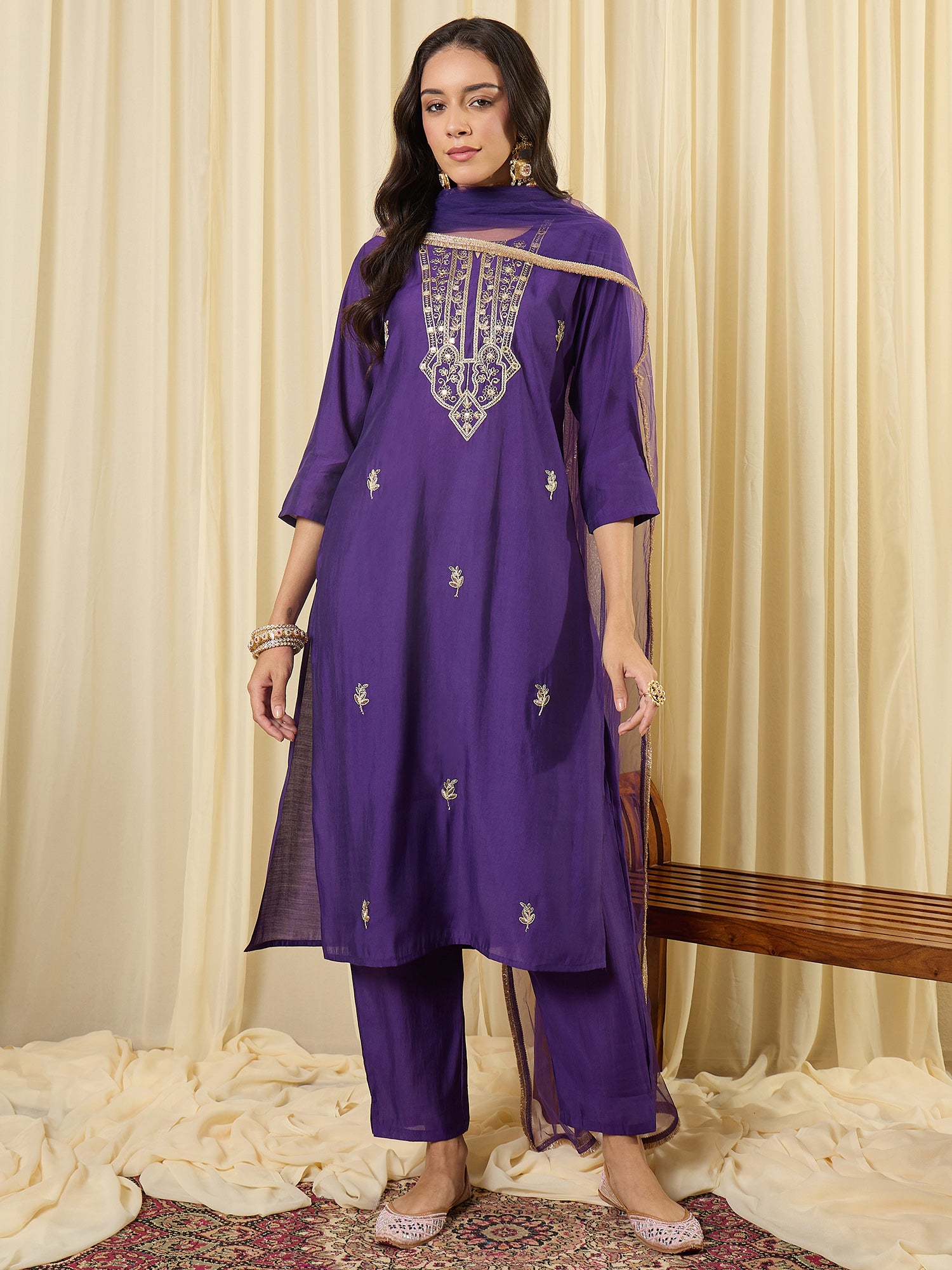 Indo Era Purple Embroidered Straight Kurta Trousers With Dupatta set
