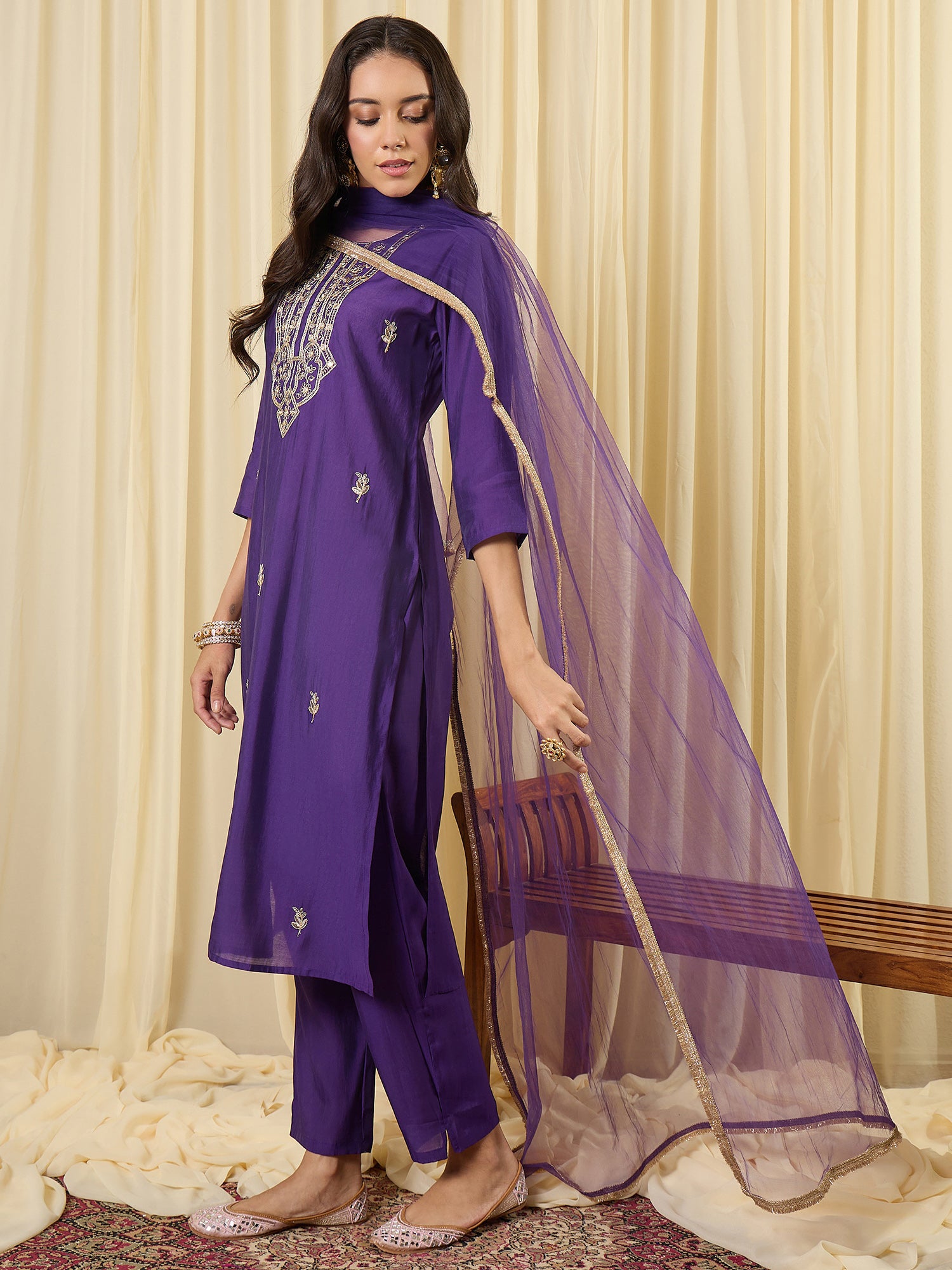 Indo Era Purple Embroidered Straight Kurta Trousers With Dupatta set