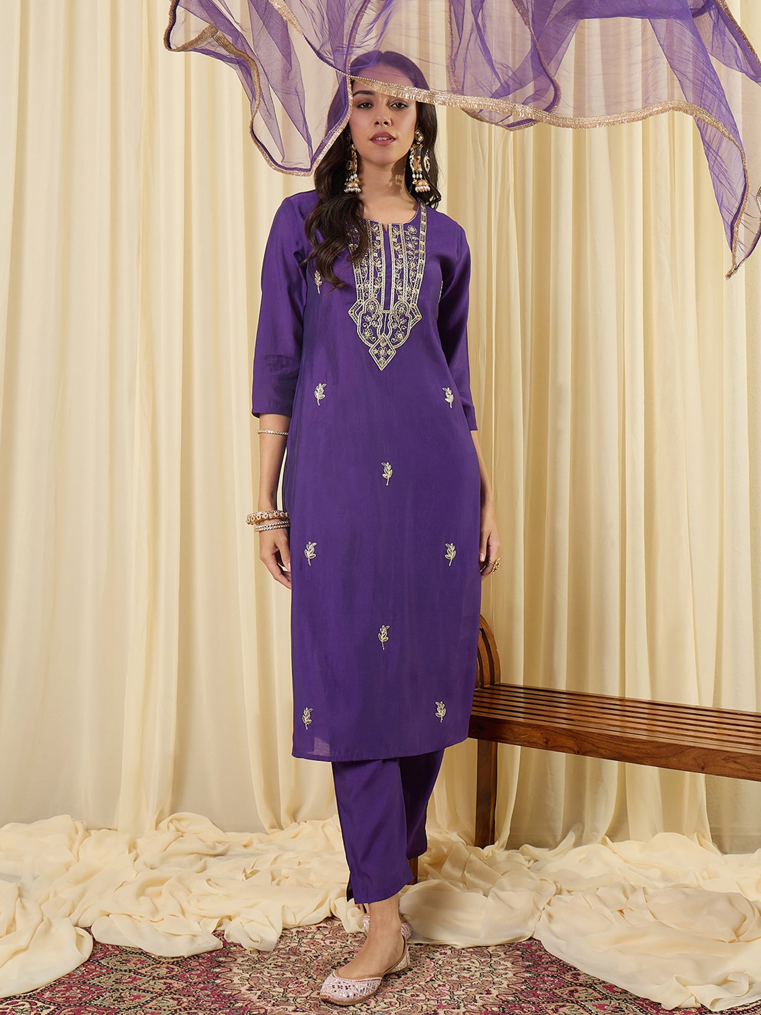 Indo Era Purple Embroidered Straight Kurta Trousers With Dupatta set