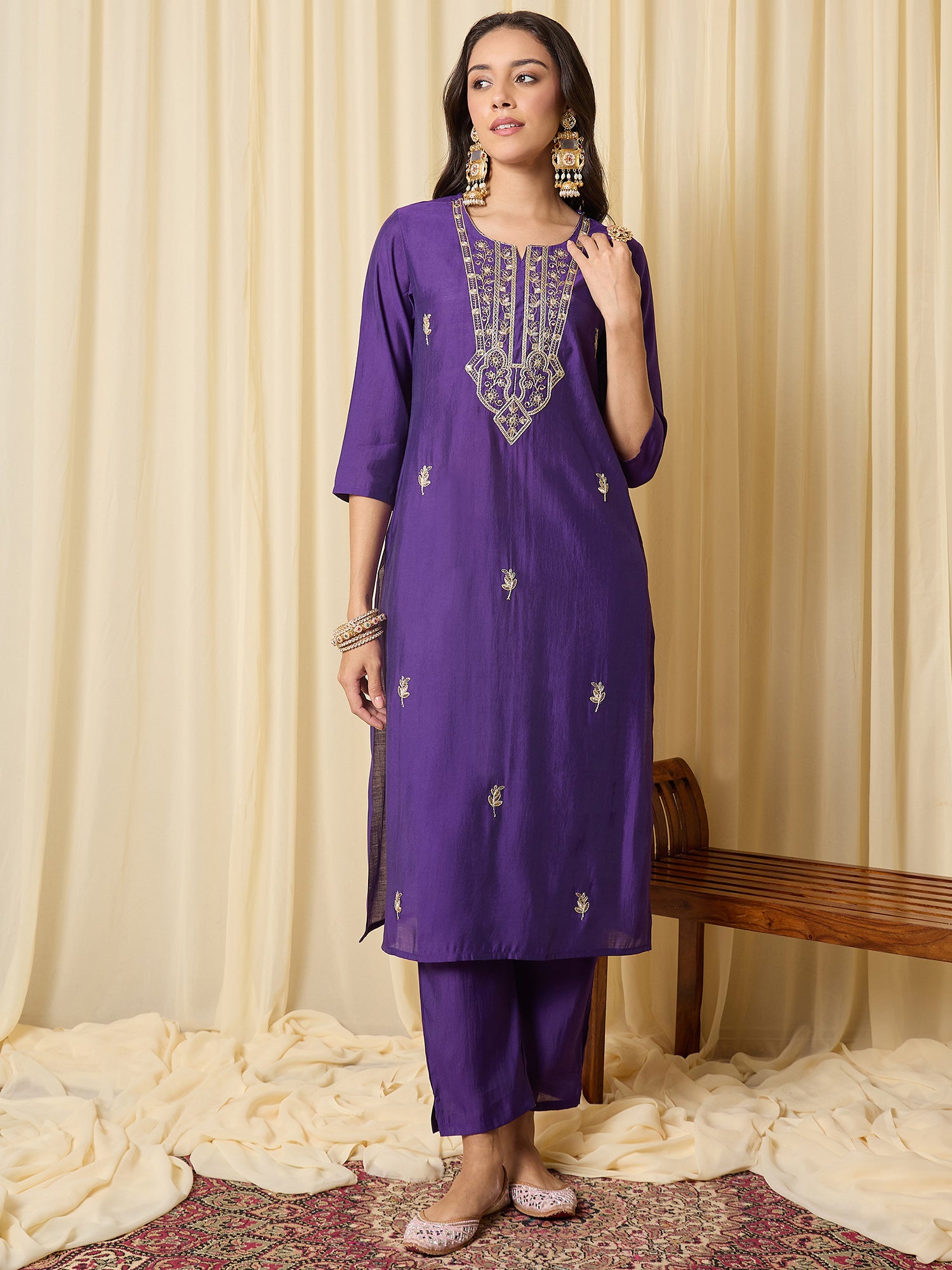 Indo Era Purple Embroidered Straight Kurta Trousers With Dupatta set