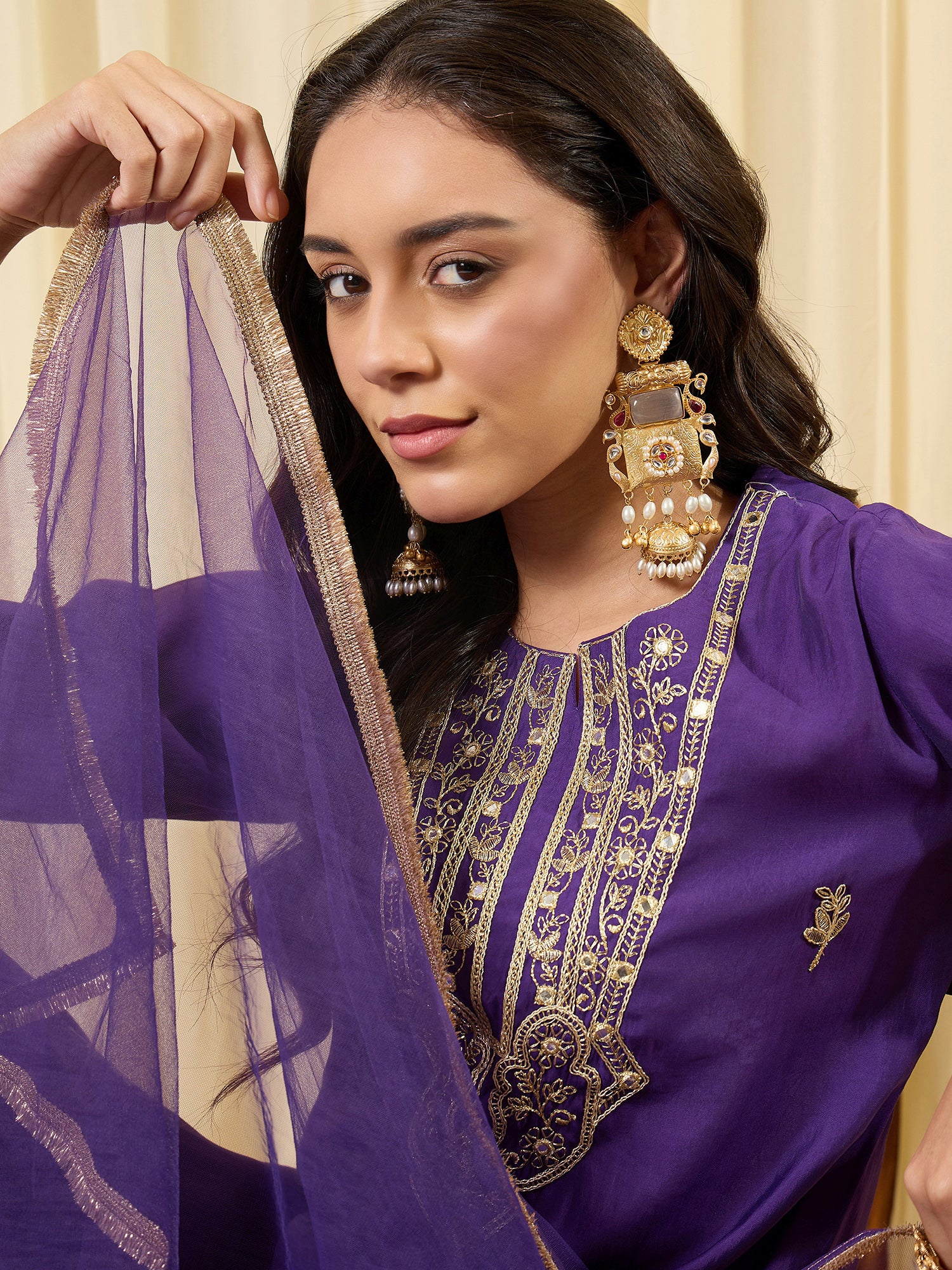 Indo Era Purple Embroidered Straight Kurta Trousers With Dupatta set