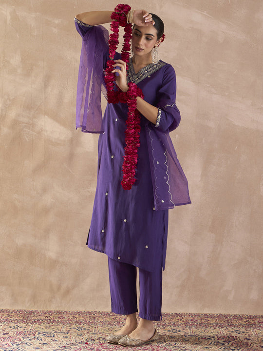 Indo Era Purple Embroidered Straight Kurta Trousers With Dupatta set