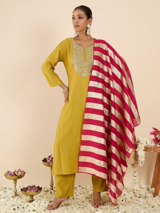 Indo Era Yellow Embroidered Straight Kurta Trousers With Dupatta set