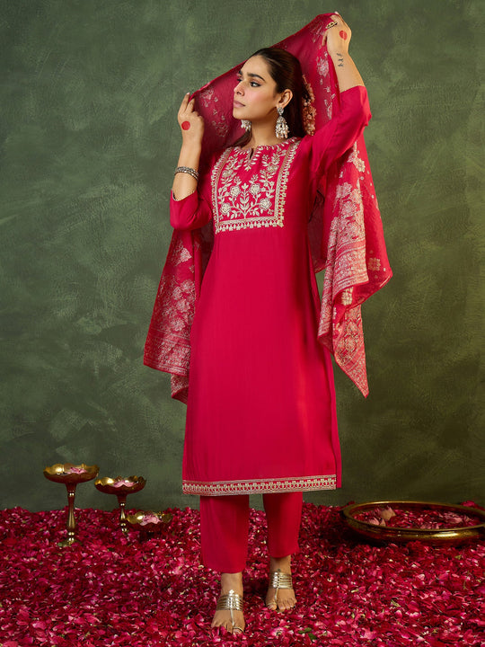 Indo Era Pink Embroidered A-Line Kurta Trouser With Dupatta set
