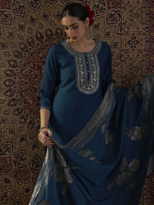 Indo Era Teal Embroidered Straight Kurta Trousers With Dupatta set