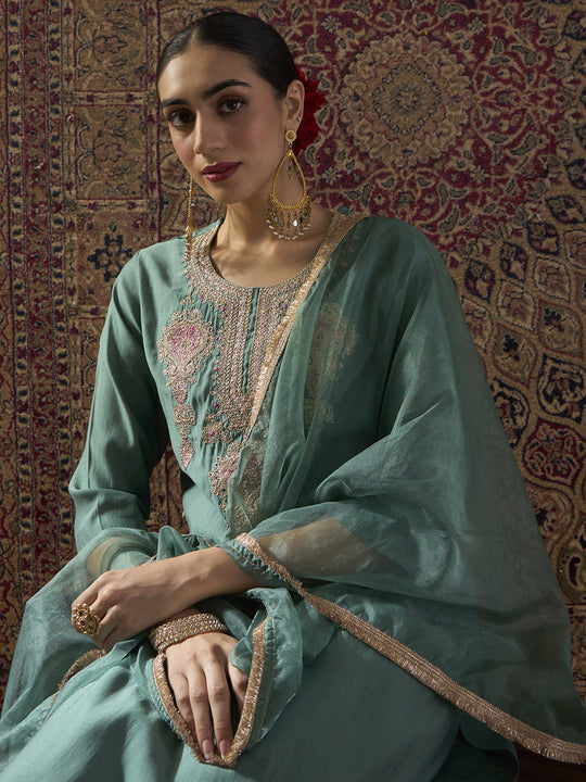 Indo Era Sea Green Embroidered Straight Kurta Trousers With Dupatta set