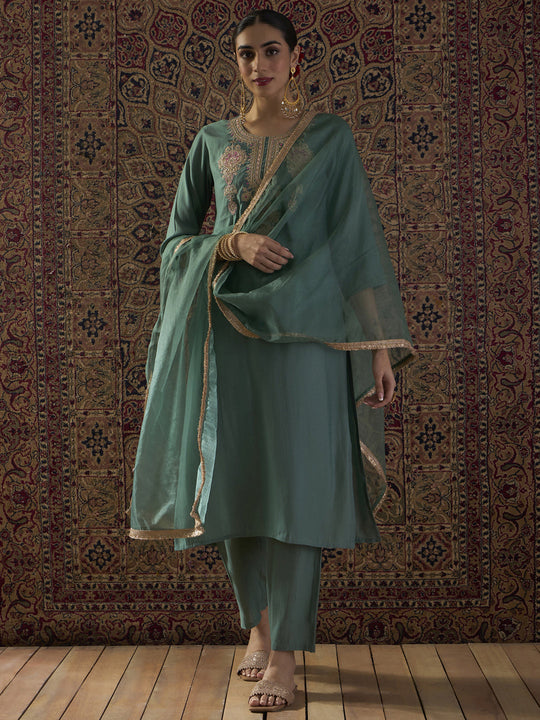 Indo Era Sea Green Embroidered Straight Kurta Trousers With Dupatta set